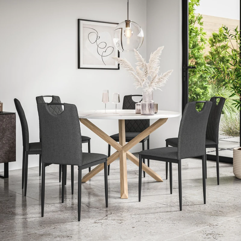 Image of More4Homes Malvern Round Dining Table And Chairs - Marble Table Top W Solid Oak Legs + Monza Fabric Dining Chair Set Of 6 (Charcoal)