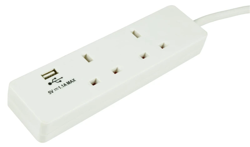 Image of Mercury Mercury 2 Gang Way Mains Power Extension Lead Cable with 1 x 1.1A USB Port 2m A-CAB230658