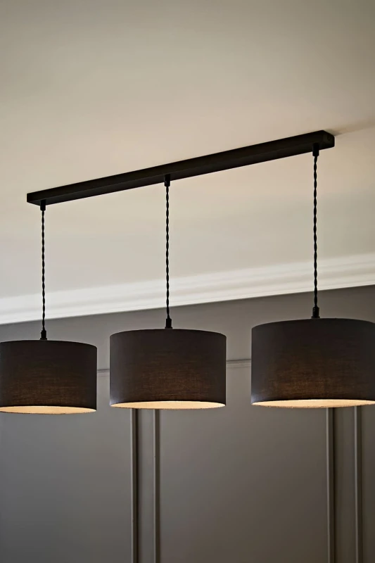 Image of ValueLights ValueLights Reni Fabric Drum Shade 3 Drop Bar Matte Black Diner Ceiling Pendant Light in Charcoal Charcoal One Size Unisex 5059406063282