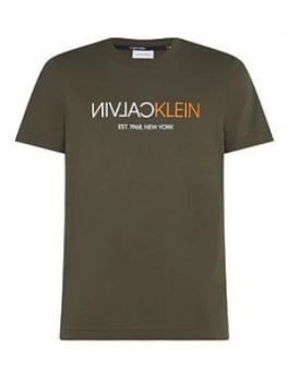 Image of Calvin Klein Text Reverse Front Logo T-Shirt - Khaki
