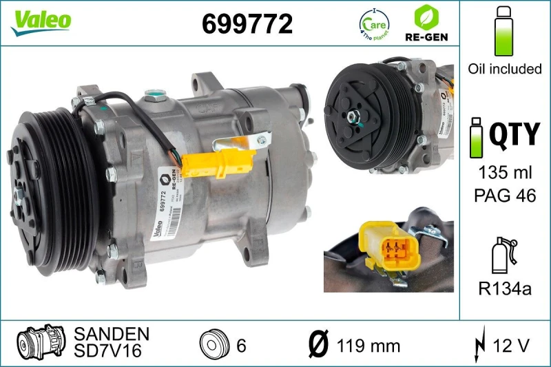Image of VALEO 699772 AC Compressor REMANUFACTURED, PAG 46, Refrigerant: R134a, with PAG compressor oil Compressor,air conditioning (447)