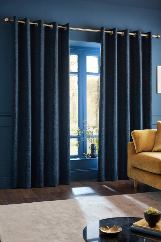 Image of Catherine Lansfield 'Crinkle Chenille' Lined Eyelet Curtains in Blue Size: 229cm width x 229cm drop Blue Unisex 229cm width x 229cm drop