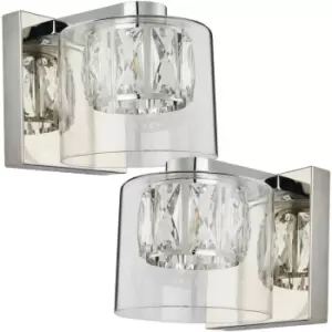 Image of 2 PACK Crystal LED Wall Light Square Chrome & Luxury Shade Glass Lamp Fitting