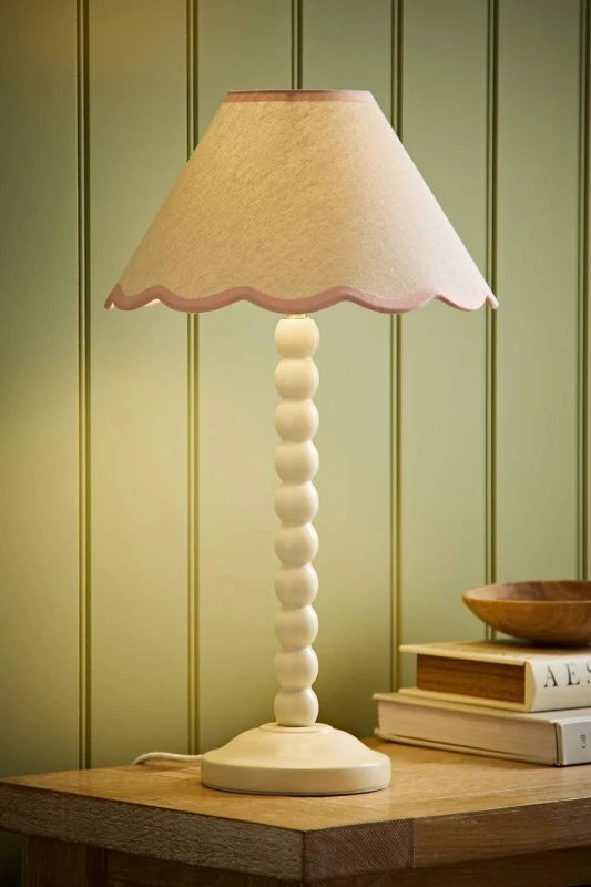 Image of ValueLights Bobbin Colour Trim Linen Shade Cream Bobble Table Lamp in Baby Pink Baby Pink Unisex