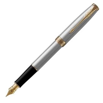 image of Parker Sonnet Stainless Steel Gold Trim Fountain Pen MEDIUM - Medium Nib