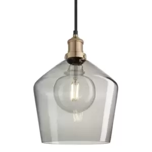 image of Industville Brooklyn 10" Schoolhouse Pendant Light Smoke Grey / Smoke Grey Tinted Glass and Brass Holder