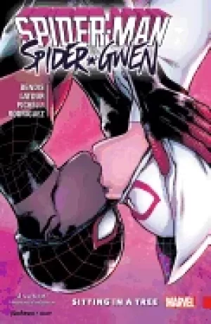Image of spider manspider gwen sitting in a tree
