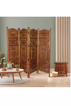 4 Panel Carved Wooden Room Divider Screen Leaves Design 180 x 200 cm