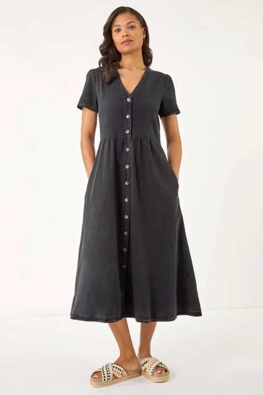 Image of Roman Womens Denim Button Through Midi Dress in Black Size: 20 Black Female 20