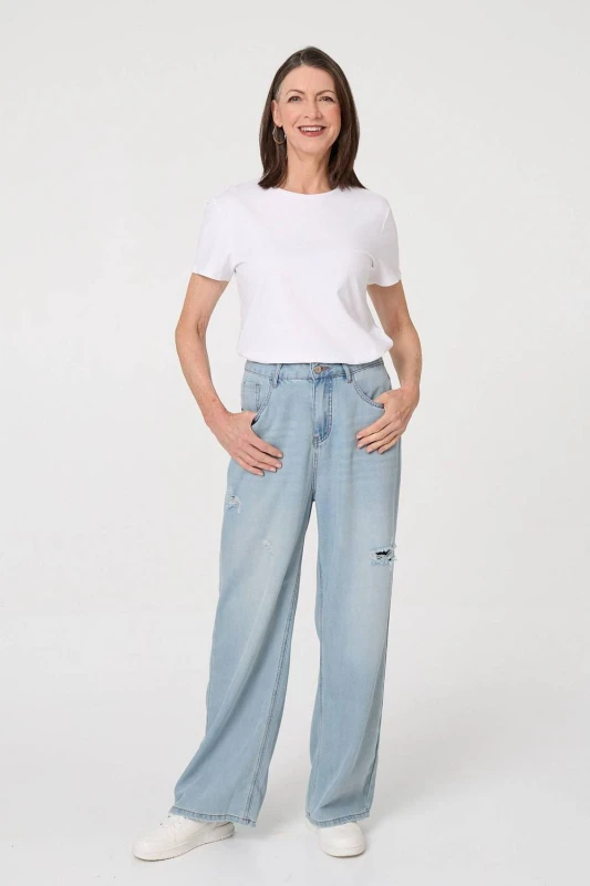 Image of Izabel London Womens High Waist Ripped Detail Relaxed Jeans in Blue Size: 10 Blue Female 10