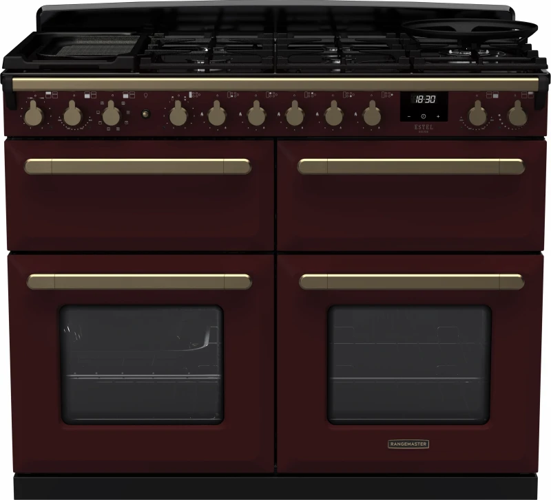 Image of Rangemaster Estel Deluxe ESDLB110DFPBOR/AB1 110cm wide Dual Fuel Range Cooker with Gas Hob - Bordeaux / Antique Brass - A/A Rated