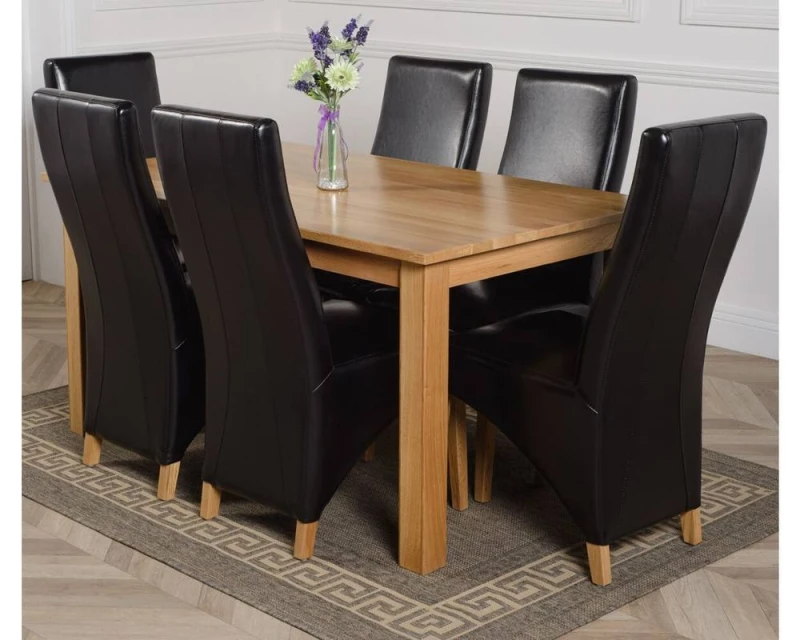Image of Thats Furniture Oslo 150 x 90cm Medium Oak Dining Table & 6 Lola Leather Chairs in Black Unisex 150 x 90 cm