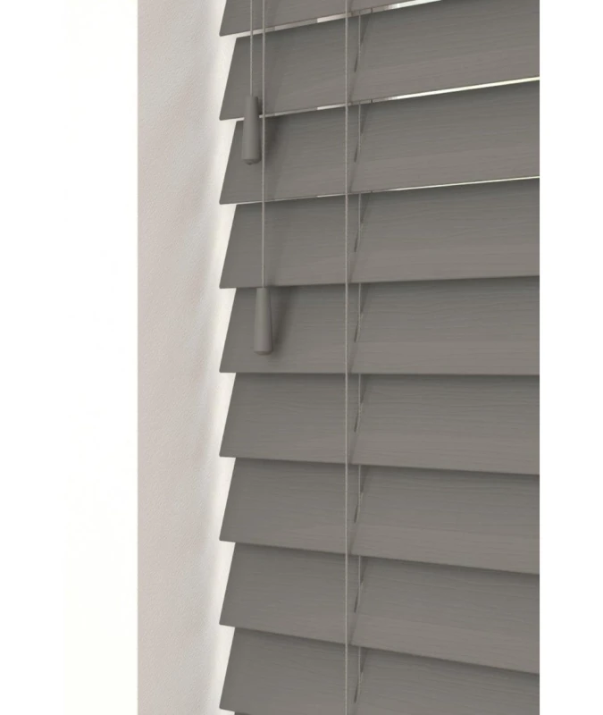 Image of New Edge Blinds Smooth Grey 50mm Fine Grain Slatted Faux Wood Venetian Blinds with Strings 120cm Drop in Dark Grey Size: 190cm width x 130cm drop
