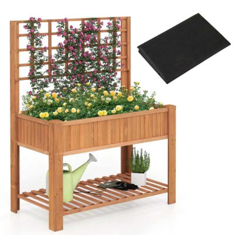 Image of Gainoom Wooden Brown Elevated Planter Box Raised Garden Bed With Trellis