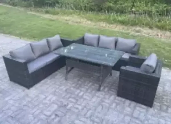 Image of Fimous 7 Seater Outdoor Dark Grey Rattan Lounge Complete Sofa Set with Rectangular Dining Table