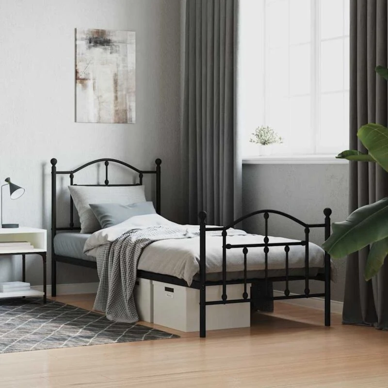 Image of Vidaxl Metal Bed Frame Without Mattress With Footboard Black 90X200 Cm, Black 353450