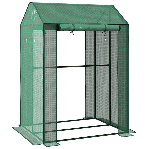 image of 2-Room Greenhouse with 2 Roll-up Doors and Vent Holes, 100x80x150cm