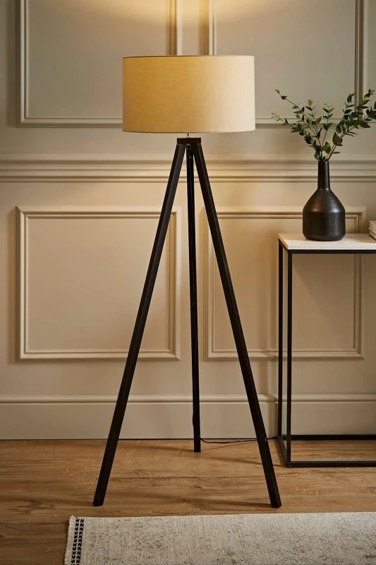 Image of ValueLights ValueLights Barbro Black Wood Tripod Floor Light Lamp with Reni Drum Shade in Natural Natural One Size Unisex 5059406035081
