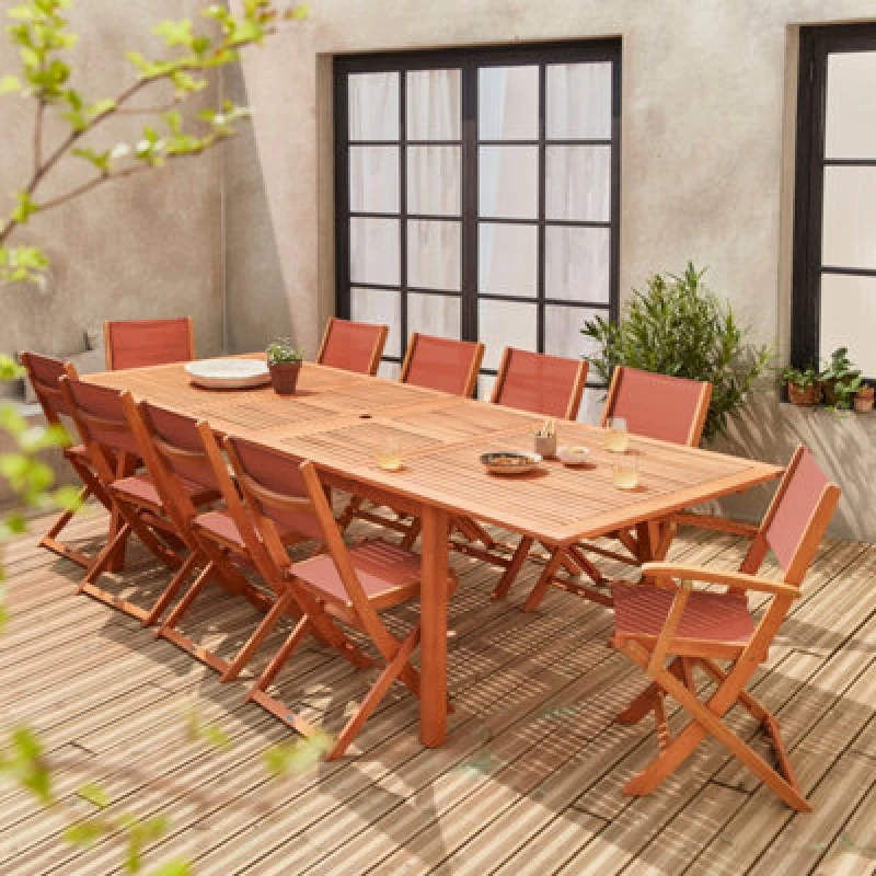 Image of sweeek 10-seater Extendable Wooden Garden Table Set With Chairs in Light Brown Light Brown Unisex