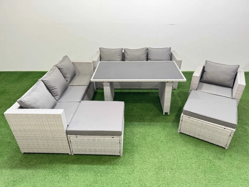 Image of FIMOUS Patio Garden Furniture Sets with Black Glass Top Dining Table 3 Seater Sofa Armchair 2 Big Stool Light Grey - Fimous B400010106121220