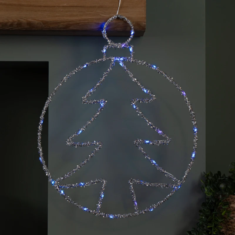 Image of 49cm Battery Powered Light up Christmas Silver Tree Ball with Twinkling Blue LEDs