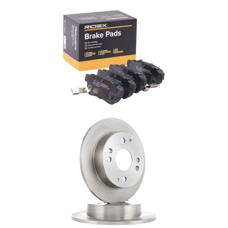 Image of RIDEX 3405B2249 Brake disc and pads set Rear Axle, Brake Disc Type: Solid, with acoustic wear warning Brake Set,disc brakes (3405)