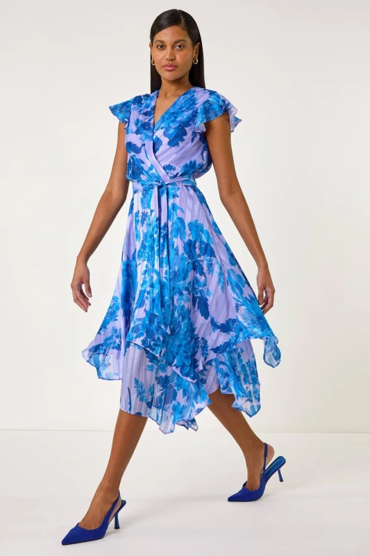 Image of Roman Womens Floral Frill Midi Wrap Dress in Blue Size: 12 Blue Female 12