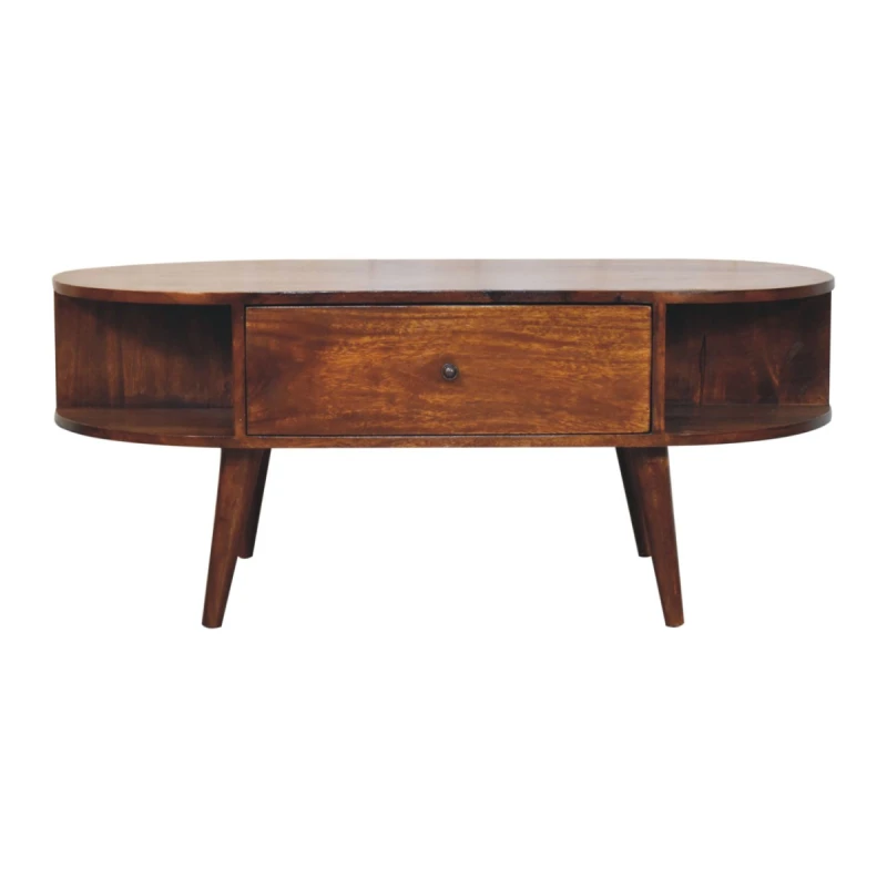 Image of Artisan Furniture Artisan Furniture Solid Wood Chestnut Oval Coffee Table, 1 Drawer and 2 Open Slots, Dark Brown
