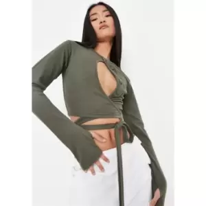 Missguided Cut Out Tie Hem Ls Top - Green