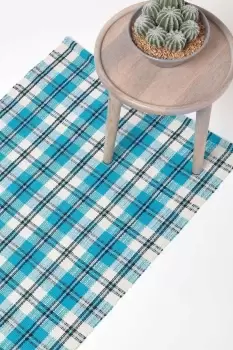 Image of Irvine Handwoven Blue Tartan 100% Cotton Rug, 66 x 200 cm