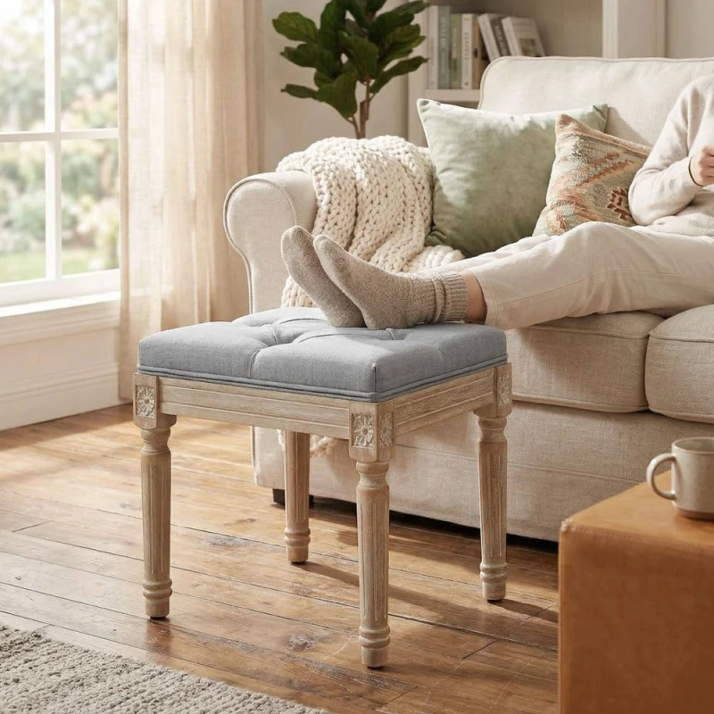 Image of HOMCOM Vintage Foot Stool with Wood Legs, Light Grey Light Grey Unisex