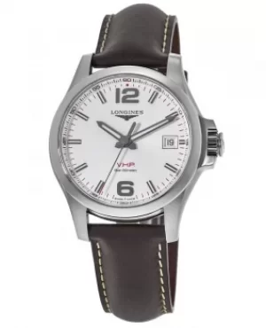 Image of Longines Conquest V.H.P. Silver Dial Brown Leather Strap Mens Watch L3.716.4.76.5 L3.716.4.76.5