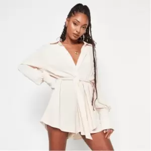 Missguided Cheesecloth Belted Button Front Playsuit - Beige