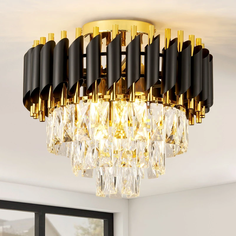 Image of Harper Living Crystal Ceiling Light, Chandelier with 3 Tiers Crystals, Black & Gold Black Unisex