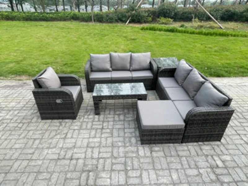 Image of Fimous 8 Seater Wicker PE Rattan Sofa Set Outdoor Patio Garden Furniture Set with Side Table Reclining Chairs Coffee Table Dark Grey