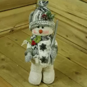 image of 40cm Grey Standing Snowman Christmas Decoration Holding Skis