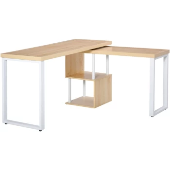 Image of Homcom - 360° Rotating Corner Desk L-Shaped PC Workstation Student Writing Table with Storage Shelf Home Office Oak Tone