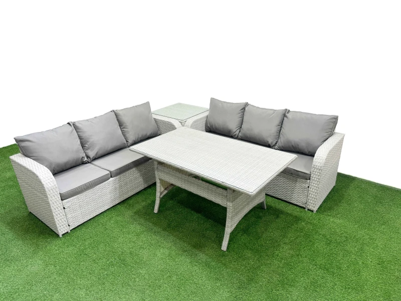 Image of Fimous Outdoor Garden Furniture Sets 6 Seater Wicker Rattan Furniture Sofa Sets with Rectangular Dining Table high Back Lounge Sofa Side Table Light G