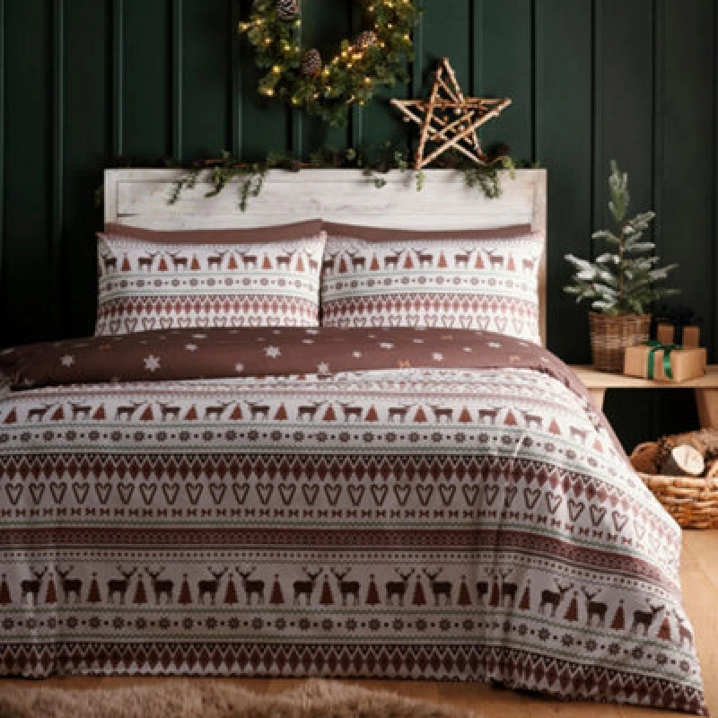Image of Fusion 'Christmas Fairisle' Easy Care Duvet Cover Set in Natural Size: Super King Natural Unisex Super King