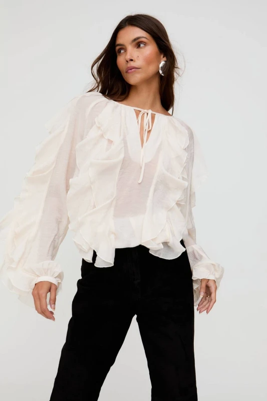 Image of Lily and Lionel Womens Sophie All Over Ruffle Blouse In Cream Size: 10 Cream Female 10