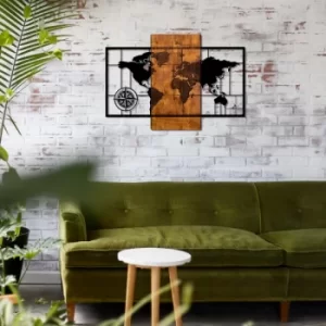 Image of World Map With Compass Walnut Black Decorative Wooden Wall Accessory