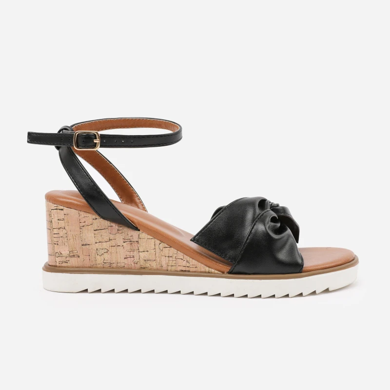 Image of Where's That From 'Qween' Knot Detail Wedge Shoes With Buckle Ankle Strap Black