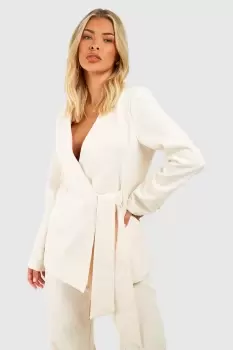 Image of Tie Waist Collarless Tailored Blazer