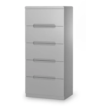 image of 5 Drawer Narrow Chest Of Drawers Grey High Gloss Bedroom - Naomi