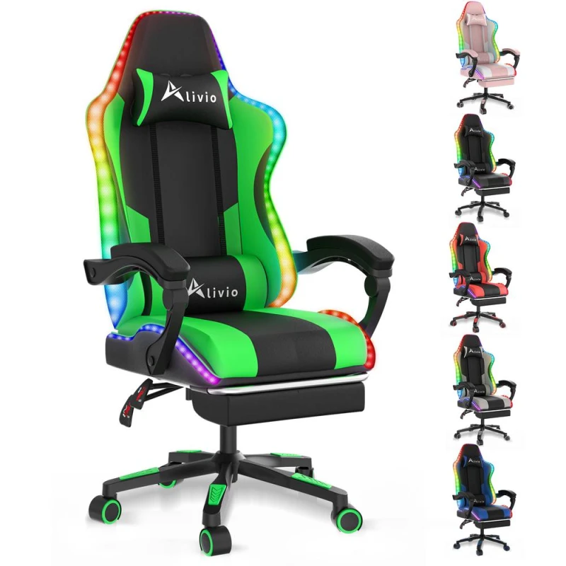 Image of Alivio Wireless App Control LED Gaming Chair with Massage Lumbar Cushion in Green Green Unisex