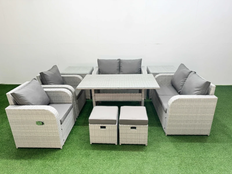 Image of Fimous 8 Seater Outdoor Reclining Chair Love Sofa Set Rattan Garden Furniture Set with Rectangular Dining Table 2 Stools 2 Side Table Light Grey Light