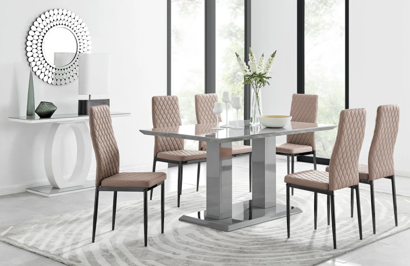 Image of FurnitureboxUK FurnitureboxUK Imperia 6 Grey Dining Table and 6 Milan Black Leg Chairs in Beige Beige One Size Unisex 5056542641534