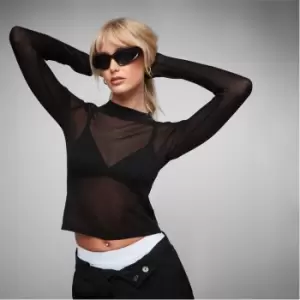 image of Missguided Crew Neck Sheer Knit Crop Top - Black