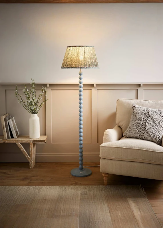 Image of ValueLights ValueLights Bobbin Bobbles Floor Lamp with Floral Pleated Tapered Lamp Shade in Pale Blue Pale Blue One Size Unisex 5059406067693
