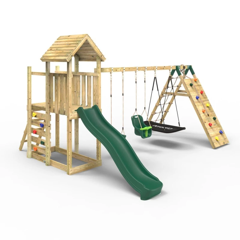 Image of OutdoorToys Extended Tower Wooden Garden Climbing Frame with Swings & Slide for Kids - Sanford in Beige Beige Unisex